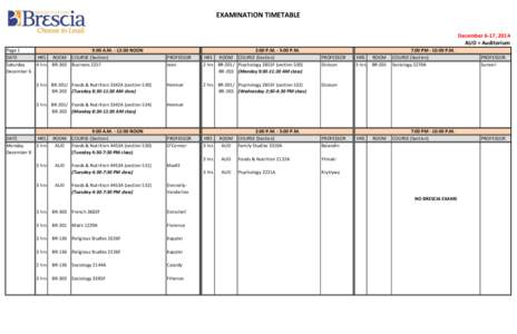 EXAMINATION TIMETABLE December 6-17, 2014 AUD = Auditorium Page 1 DATE HRS