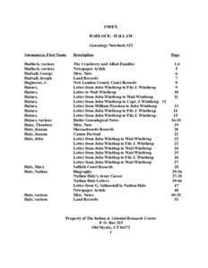 INDEX HADLOCK - HALLAM Genealogy Notebook #25 Surname(s), First Name  Description