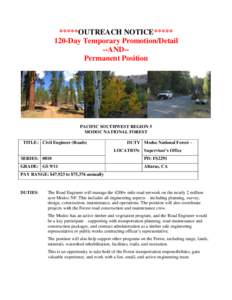 *****OUTREACH NOTICE***** 120-Day Temporary Promotion/Detail --AND-Permanent Position PACIFIC SOUTHWEST REGION 5 MODOC NATIONAL FOREST