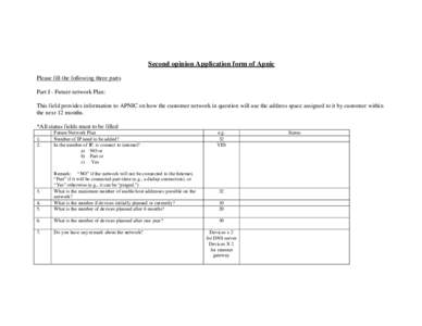 Second opinion Application form of Apnic Please fill the following three parts Part I - Future network Plan: This field provides information to APNIC on how the customer network in question will use the address space ass