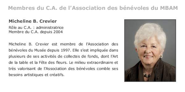 Membres du C.A. de l’Association des bénévoles du MBAM Micheline B. Crevier Rôle au C.A. : administratrice Membre du C.A. depuis 2004 Micheline B. Crevier est membre de l’Association des bénévoles du Musée depu