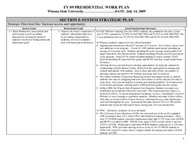 FY 09 PRESIDENTIAL WORK PLAN Winona State University……………………….DATE: July 14, 2009 SECTION I: SYSTEM STRATEGIC PLAN Strategic Direction One: Increase access and opportunity System Goals