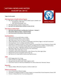 [ASTHMA NEWS AND NOTES AUGUST 24, 2012] Topics for the week: Ohio Department of Health Asthma Program  