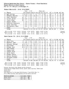 Official Basketball Box Score -- Game Totals -- Final Statistics Robert Morris vs Saint Xavier[removed]:00 p.m. at Chicago, Ill. Robert Morris 82 • 19-8, 10-6 CCAC ##