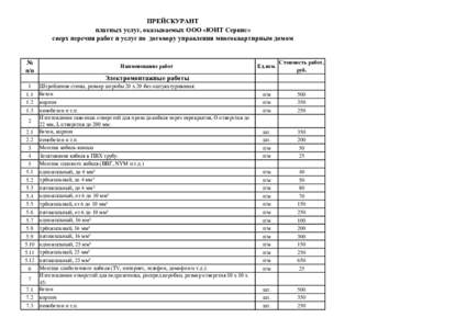 ПРЕЙСКУРАНТ платных услуг, оказываемых ООО «ЮИТ Сервис» сверх перечня работ и услуг по договору управления многокварти