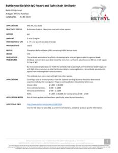 Bottlenose Dolphin IgG-heavy and light chain Antibody Rabbit Polyclonal Antigen Affinity Purified Catalog No. A180-102A