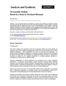 Analysis and Synthesis  REPRINT On Scientific Method Based on a Study by Bernhard Riemann Tom Ritchey