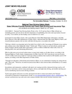 JOINT NEWS RELEASE  John R. Kasich, Governor Mary Taylor, Lt. Governor/Director