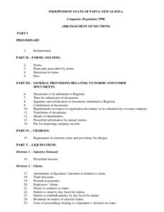 INDEPENDENT STATE OF PAPUA NEW GUINEA. Companies Regulation[removed]ARRANGEMENT OF SECTIONS. PART I PRELIMINARY 1.