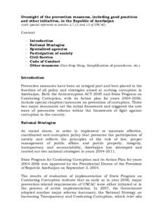 Oversight of the prevention measures, including good practices and other initiatives, in the Republic of Azerbaijan (with special reference to articles 5,7,12 and 13 of UNCAC) Content -