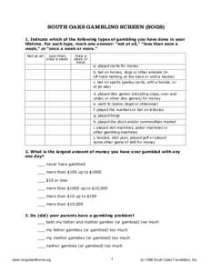 SOUTH OAKS GAMBLING SCREEN (SOGS) 1. Indicate which of the following types of gambling you have done in your lifetime. For each type, mark one answer: “not at all,” “less than once a week,” or “once a week or m