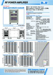 RF POWER AMPLIFIER 2017 Model ■ All Solid-State Amplifier ■ Broadband Frequency:10kHz～250MHz ■ Output Power:2.5kW @Psat.