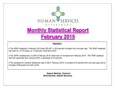 Highlights   The SNAP caseload in February 2015 was 225,407, a 18.8 percent increase from one year ago. The SNAP caseload has risen by 2,715 cases, or 1.2 percent, since last month.  The TANF caseload was 13,429 in