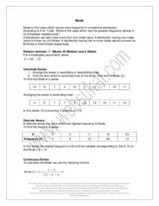 Mode Mode is that value which occurs most frequently in a statistical distribution. According to A.M. Tuttle, “Mode is the value which has the greatest frequency density in its immediate neighborhood.” A distribution