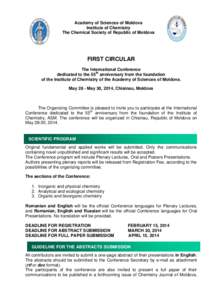 Academy of Sciences of Moldova Institute of Chemistry The Chemical Society of Republic of Moldova FIRST CIRCULAR The International Conference