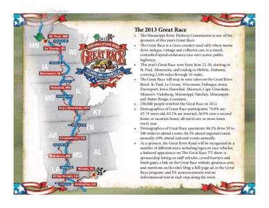 The 2013 Great Race  •	 The Mississippi River Parkway Commission is one of the sponsors of this year’s Great Race. •	 The Great Race is a cross-country road rally where teams drive antique, vintage and collector ca