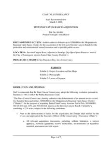 COASTAL CONSERVANCY Staff Recommendation March 2, 2006 STEVENS CANYON RANCH ACQUISITION File No[removed]Project Manager: Amy Hutzel