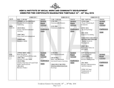 KENYA INSTITUTE OF SOCIAL WORK AND COMMUNITY DEVELOPMENT SEMESTER TWO CERTIFICATE EXAMINATION TIMETABLE 16th – 20th May 2016 SESSION I DATE  MON