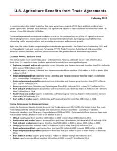 U.S. Agriculture Benefits from Trade Agreements February 2015 In countries where the United States has free trade agreements, exports of U.S. farm and food products have grown significantly. Between 2003 and 2014, U.S. a