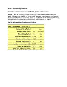 Asian Carp Sampling Summary A sampling summary for the week of March 5, 2012 is included below. Bottom Line: No sampling occurred in the CAWS or Brandon Road Pool this past week. Sampling took place in the upper Illinois