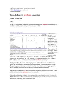 Microsoft Word - CMAJ_July_5,_2005_Canada_lags_in_newborn_screening[1].doc
