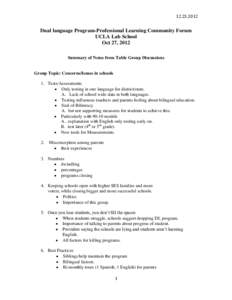 Dual language Program-Professional Learning Community Forum UCLA Lab School Oct 27, 2012 Summary of Notes from Table Group Discussions