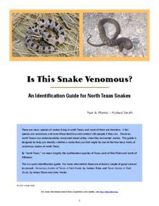 Is This Snake Venomous? An Identification Guide for North Texas Snakes Text & Photos - Michael Smith There are many species of snakes living in north Texas, and most of them are harmless. A few species are venomous, and 