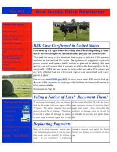 New Jersey Dairy Newsletter  May 2012 Inside this issue: BSE in the USA