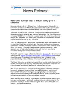 News release waste to biofues opening June 2014