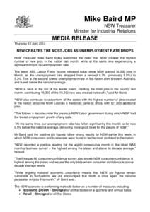 Mike Baird MP NSW Treasurer Minister for Industrial Relations MEDIA RELEASE Thursday 10 April 2014