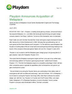 Page 1 of 2  Playdom Announces Acquisition of
