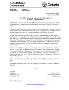 News Release Communiqué Ministry of the Attorney General  Ministère du