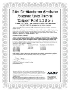 Allied Air Manufacturer Certification Statement Under American Taxpayer Relief Act of 2012