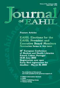Journal of the European Association for Health Information and Libraries Vol. 6 No. 1 February 2010 Contents Editorial