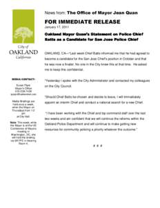 News from: The Office of Mayor Jean Quan  FOR IMMEDIATE RELEASE January 17, 2011  Oakland Mayor Quan’s