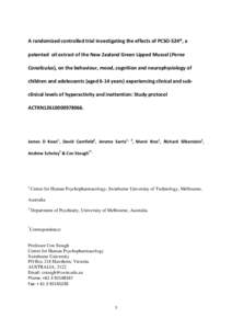 A randomized controlled trial investigating the effects of PCSO-524®, a patented oil extract of the New Zealand Green Lipped Mussel (Perna Canaliculus), on the behaviour, mood, cognition and neurophysiology of children 