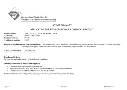 APPLICATION FOR REGISTRATION OF A CHEMICAL PRODUCT