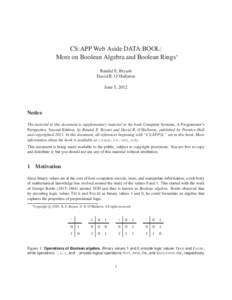 CS:APP Web Aside DATA:BOOL: More on Boolean Algebra and Boolean Rings∗ Randal E. Bryant David R. O’Hallaron June 5, 2012
