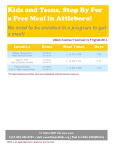 Kids and Teens, Stop By For a Free Meal in Attleboro! No need to be enrolled in a program to get a meal! USDA’s Summer Food Service Program 2014