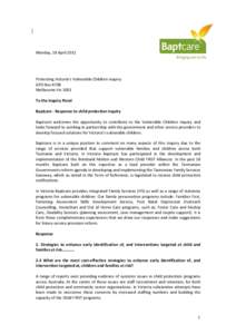 Baptcare submission to Protecting Victoria’s Vulnerable Children Inquiry 2011