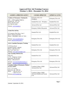 Approved First Aid Training Courses: October 1, 2014 – December 31, 2014 ALBERTA APPROVED AGENCY COURSE APPROVED