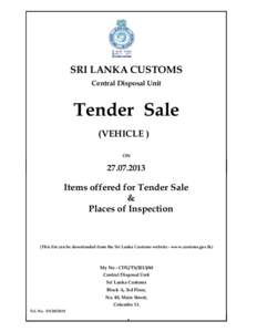 SRI LANKA CUSTOMS Central Disposal Unit Tender Sale (VEHICLE ) ON