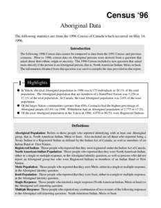 Census ‘96 Aboriginal Data The following statistics are from the 1996 Census of Canada which occurred on May 14, 1996. Introduction The following 1996 Census data cannot be compared to data from the 1991 Census and pre