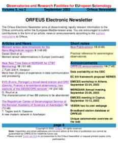 Observatories and Research Facilities for EUropean Seismology Volume 5, no 2 September 2003 Orfeus Newsletter  ORFEUS Electronic Newsletter