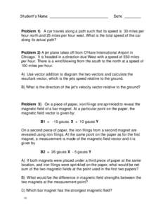 Student’s Name _________________________  Date _______ Problem 1) A car travels along a path such that its speed is 30 miles per hour north and 25 miles per hour west. What is the total speed of the car