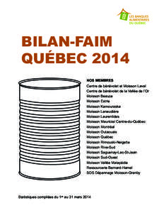 BILAN-FAIM QUÉBEC 2014 NOS MEMBRES Centre de bénévolat et Moisson Laval Centre de bénévolat de la Vallée de l’Or Moisson Beauce