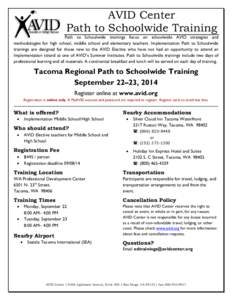 AVID Center Path to Schoolwide Training Path to Schoolwide trainings focus on schoolwide AVID strategies and methodologies for high school, middle school and elementary teachers. Implementation Path to Schoolwide trainin