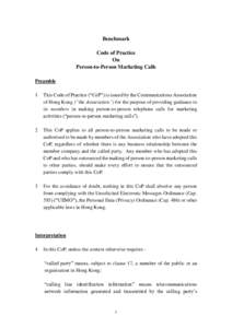 Benchmark Code of Practice On Person-to-Person Marketing Calls Preamble 1