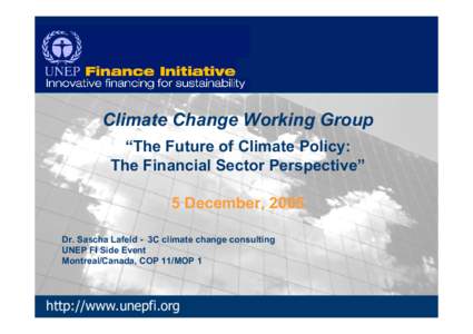 Climate Change Working Group “The Future of Climate Policy: The Financial Sector Perspective” 5 December, 2005 Dr. Sascha Lafeld - 3C climate change consulting UNEP FI Side Event