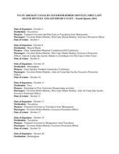 STATE AIRCRAFT USAGE BY GOVERNOR ROBERT BENTLEY, FIRST LADY DIANNE BENTLEY AND GOVERNOR’S STAFF – Fourth Quarter 2014 Date of departure: October 3 Destination: Tuscaloosa Purpose: Transport Governor and First Lady to